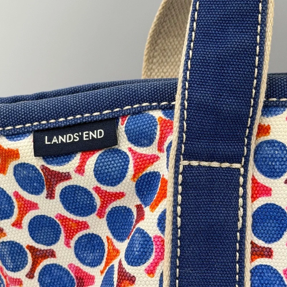 Lands End Canvas Tote Bag Small Zip Top Blue Red Geometric Polka Dot Preppy - Picture 6 of 8